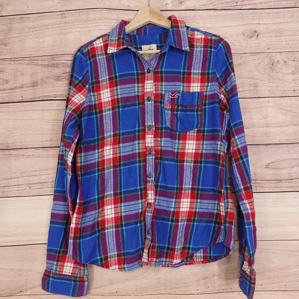 New! Hollister Button-Up L Blue Red Plaid Flannel Long Sleeve Shirt Casual Women